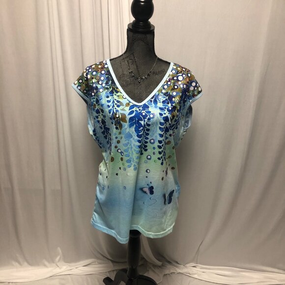 Blue Top Womens XXL Butterflies Pretty Design V-Neck Short Sleeve - Picture 1 of 7
